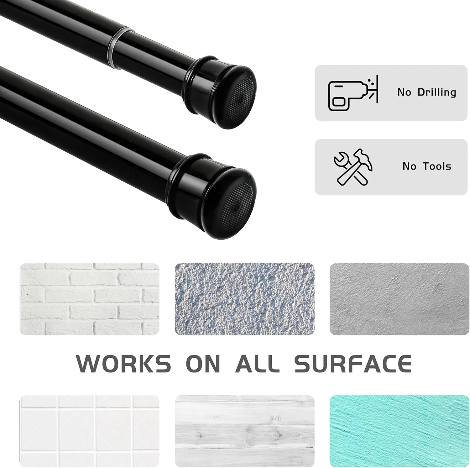 Shower Curtain Rod 56-104 Inch, 1"Diameter Spring Long Adjustable Tension Curtain Rods for Bathroom Windows Closet No Drilling No Rust, Black