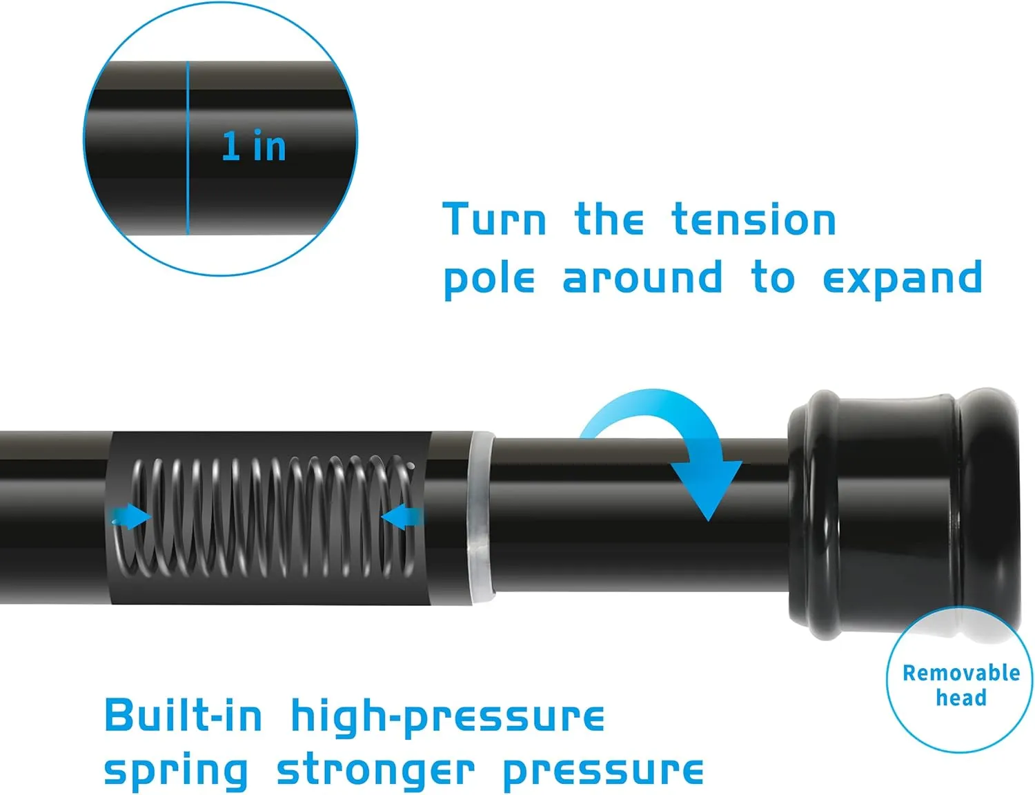 Shower Curtain Rod 56-104 Inch, 1"Diameter Spring Long Adjustable Tension Curtain Rods for Bathroom Windows Closet No Drilling No Rust, Black