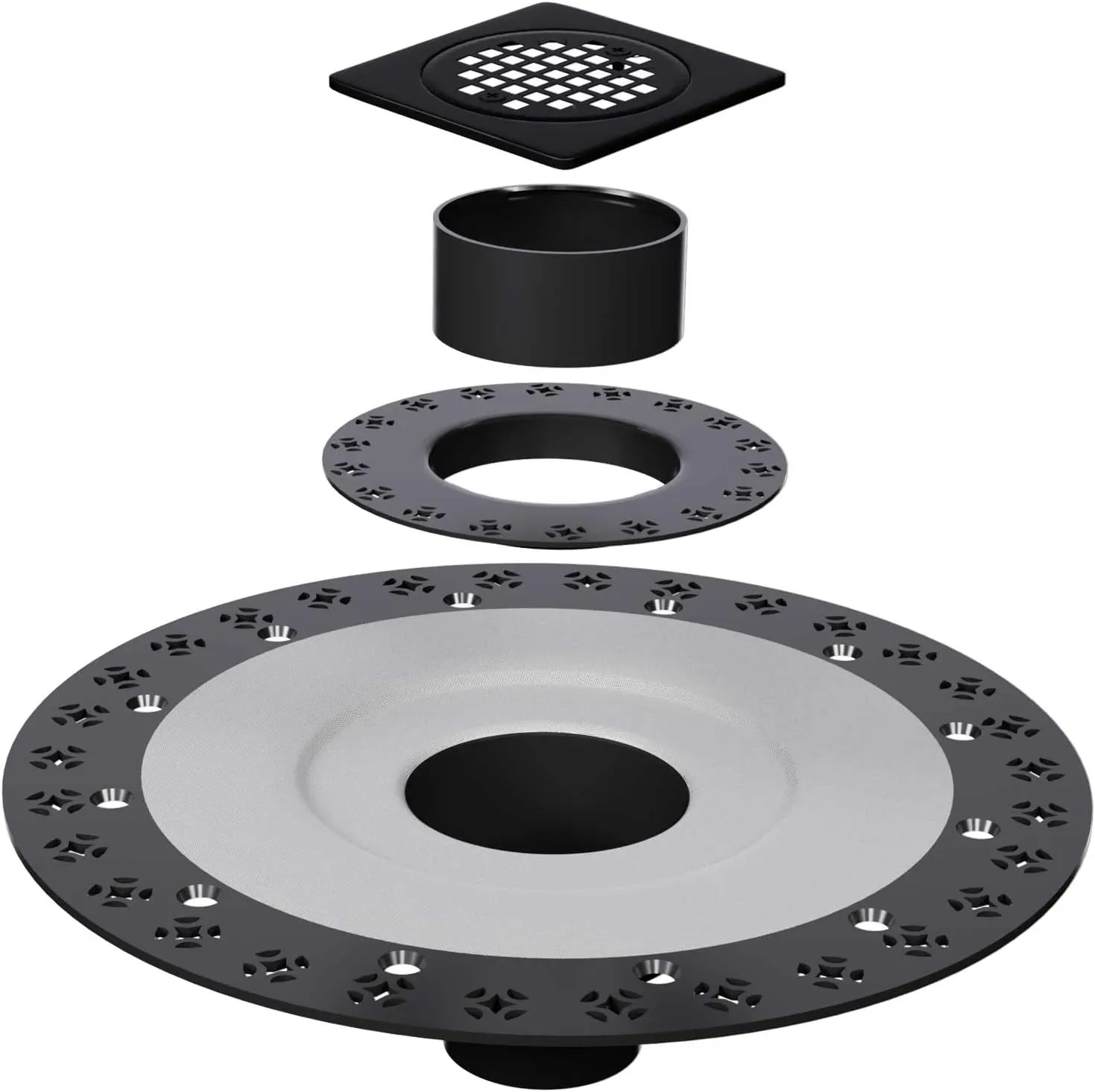 Shower Drain Kit 4 Inch Stainless Steel Grate with Vertical 2 Inch ABS Flange for Schluter Systems Kerdi Drain - Matte Black