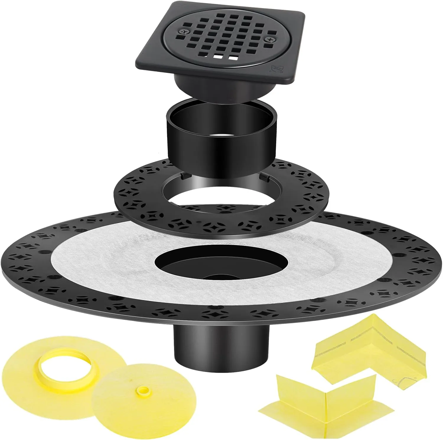 Shower Drain Kit Compatible with Schluter kerdi Systems, 4 inch Drain Grate Kit with Vertical ABS 2 Inch Flange, ABS Plastic Pipe, Corners and Seals, Shower Floor Drain Kit Replacement- Matte Black
