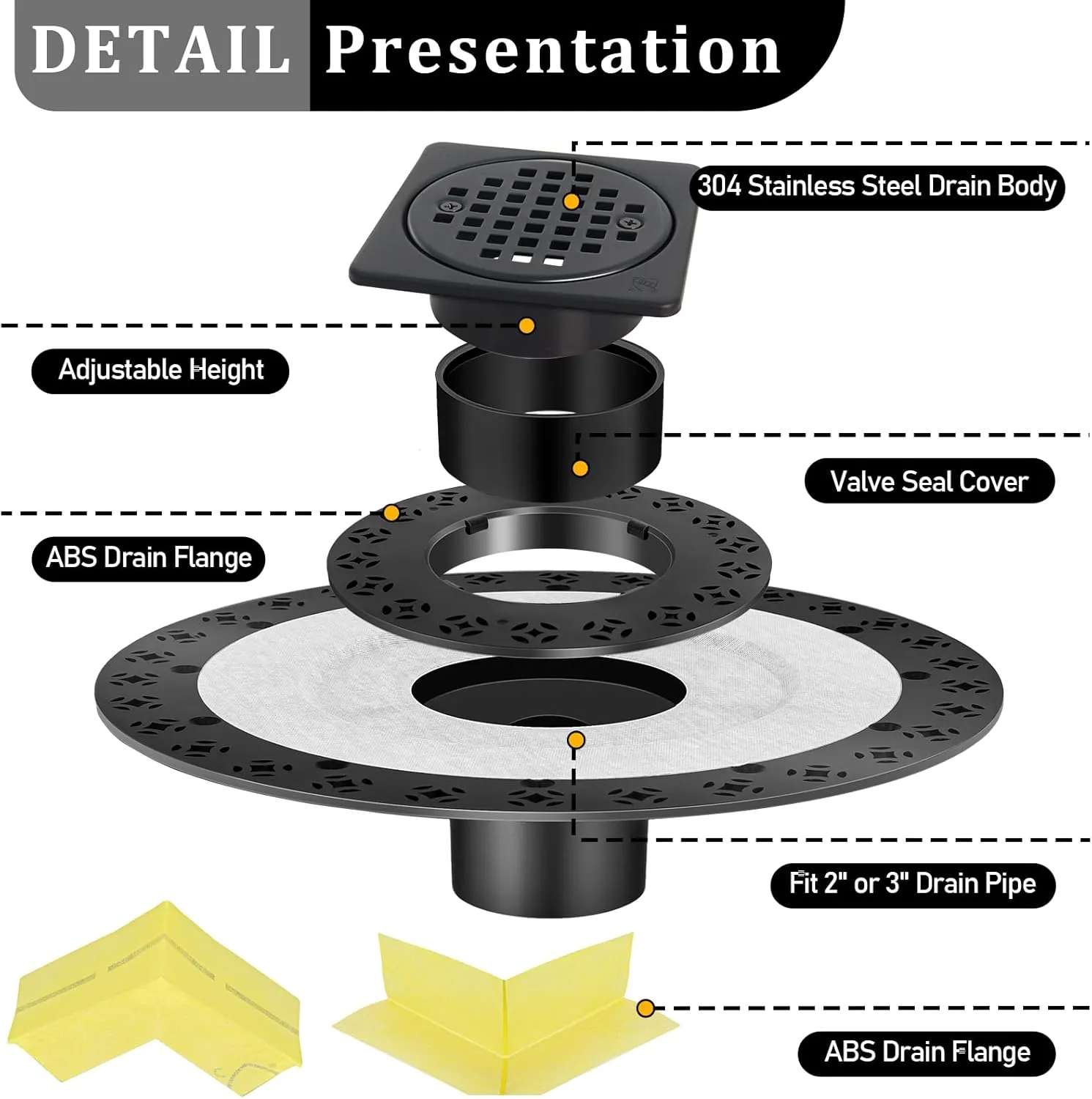 Shower Drain Kit Compatible with Schluter kerdi Systems, 4 inch Drain Grate Kit with Vertical ABS 2 Inch Flange, ABS Plastic Pipe, Corners and Seals, Shower Floor Drain Kit Replacement- Matte Black