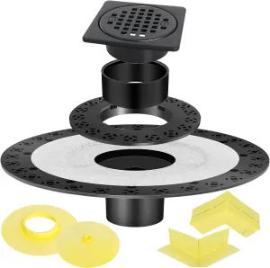 Shower Drain Kit Compatible with Schluter kerdi Systems, 4 inch Drain Grate Kit with Vertical ABS 2 Inch Flange, ABS Plastic Pipe, Corners and Seals, Shower Floor Drain Kit Replacement- Matte Black