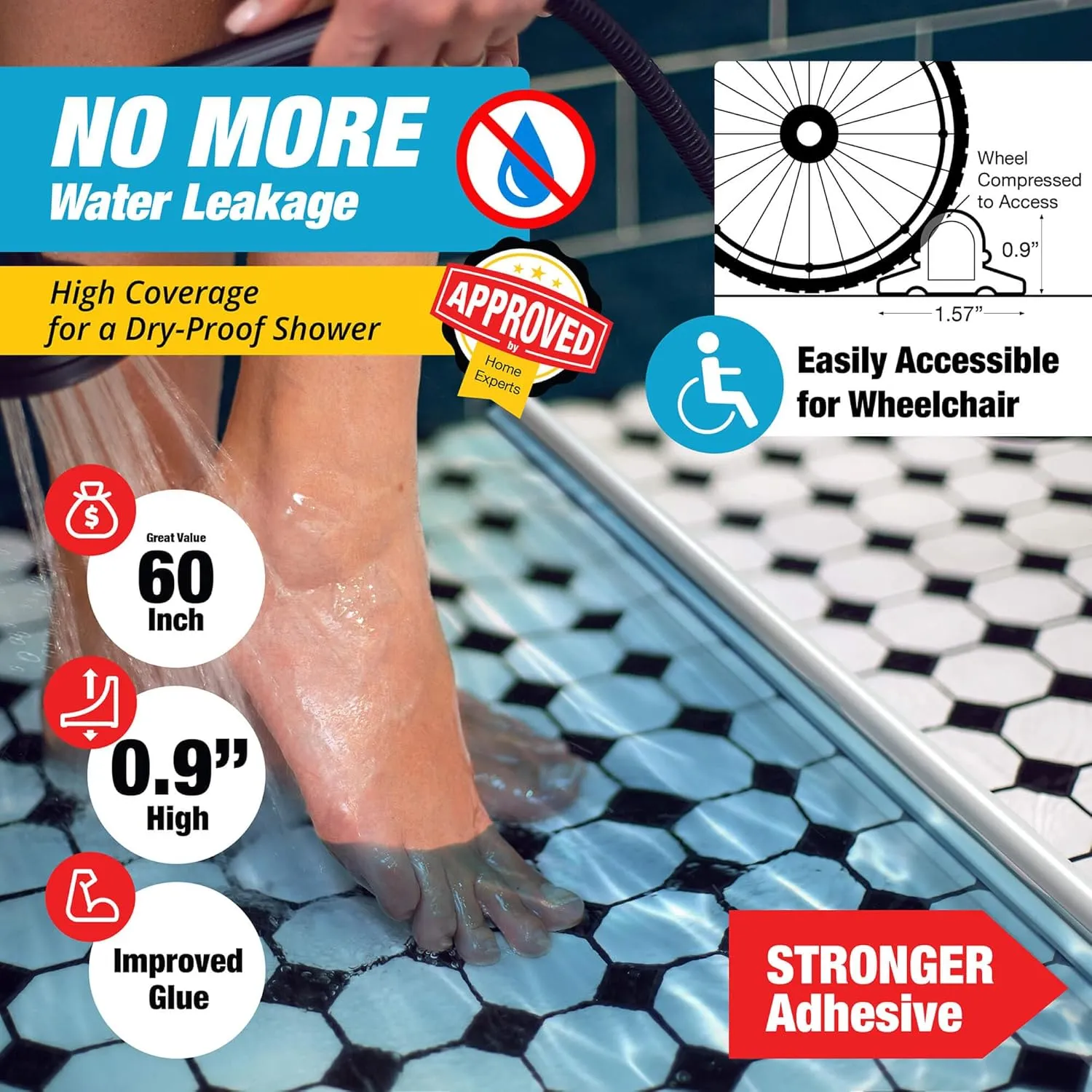 Shower Threshold Water Dam Barrier 60" Rounded - White Collapsible Shower Water Blocker - Guard for Walk in Shower - Water Guard Stopper for Floor - Shower Door Water Blocker - Wheelchair Accessible