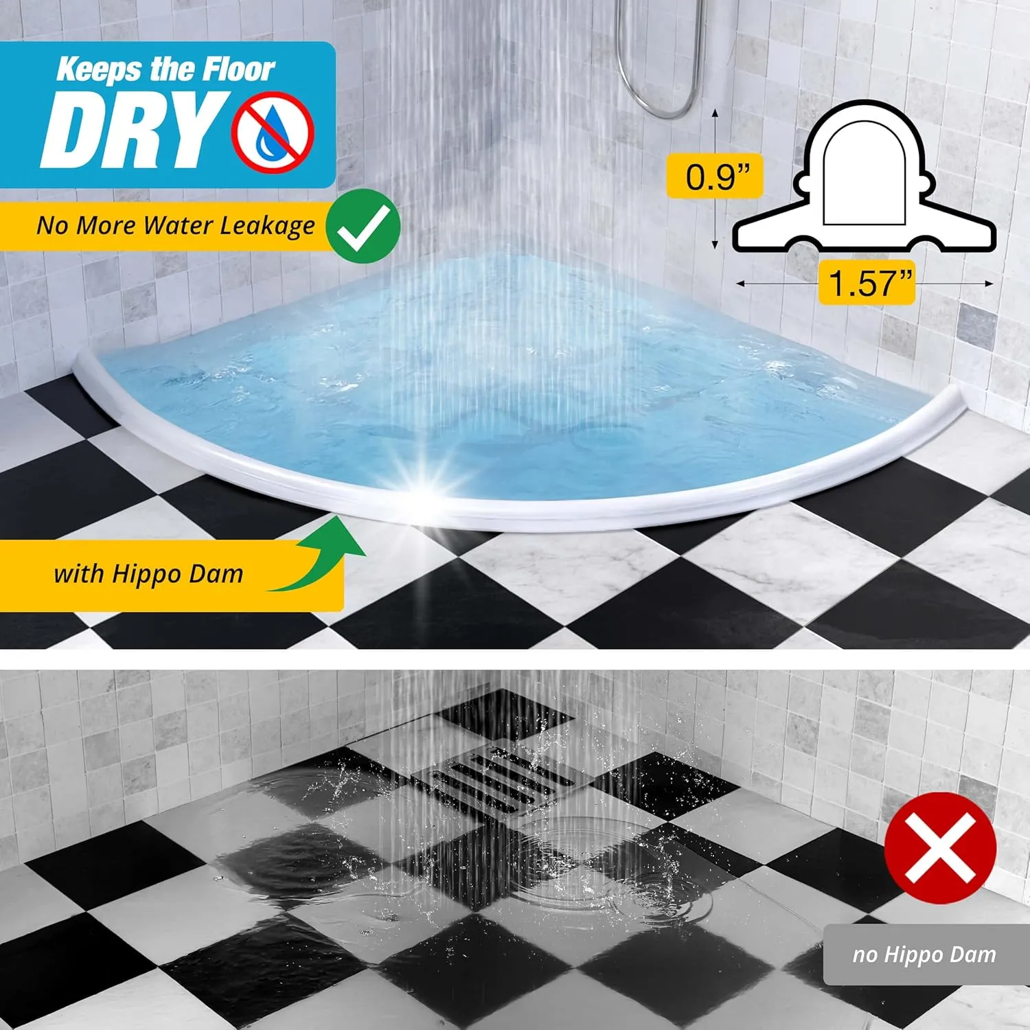 Shower Threshold Water Dam Barrier 60" Rounded - White Collapsible Shower Water Blocker - Guard for Walk in Shower - Water Guard Stopper for Floor - Shower Door Water Blocker - Wheelchair Accessible