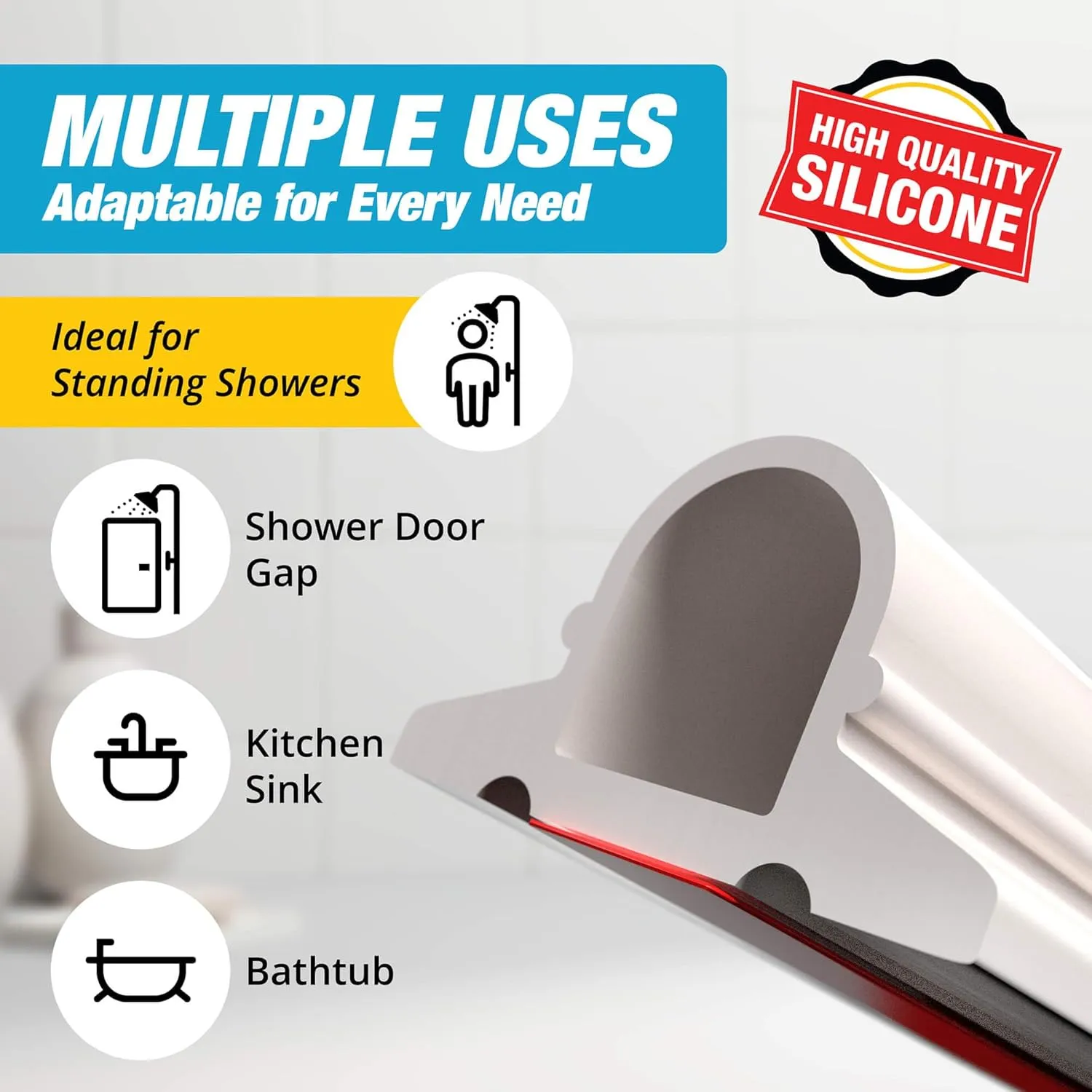 Shower Threshold Water Dam Barrier 60" Rounded - White Collapsible Shower Water Blocker - Guard for Walk in Shower - Water Guard Stopper for Floor - Shower Door Water Blocker - Wheelchair Accessible