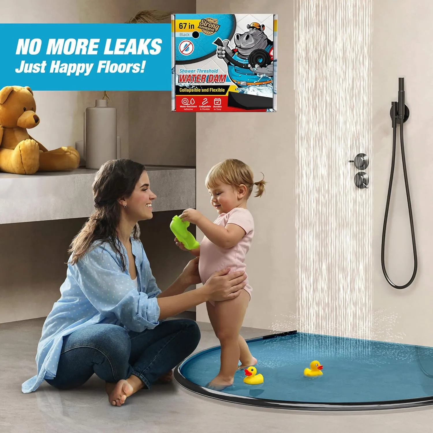 Shower Threshold Water Dam Barrier 67" - Black Collapsible Shower Water Blocker - Guard for Walk in Shower - Water Guard Stopper for Floor - Shower Door Water Blocker by Hippo Dam
