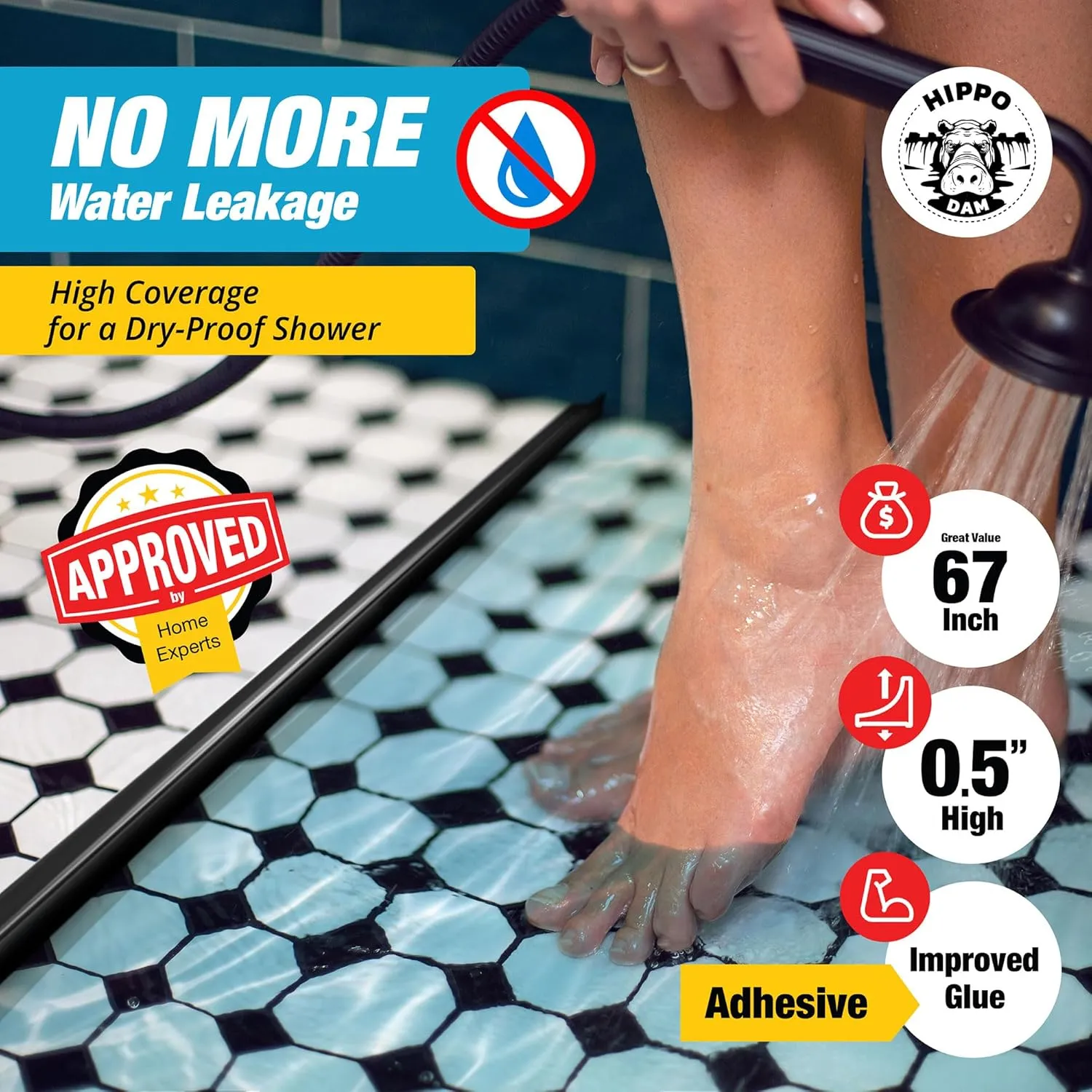 Shower Threshold Water Dam Barrier 67" - Black Collapsible Shower Water Blocker - Guard for Walk in Shower - Water Guard Stopper for Floor - Shower Door Water Blocker by Hippo Dam