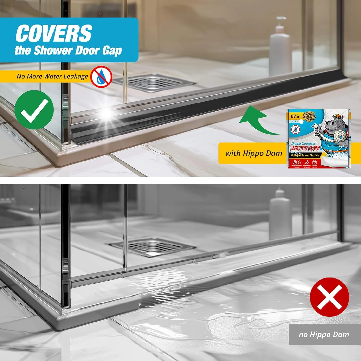 Shower Threshold Water Dam Barrier 67" - Black Collapsible Shower Water Blocker - Guard for Walk in Shower - Water Guard Stopper for Floor - Shower Door Water Blocker by Hippo Dam