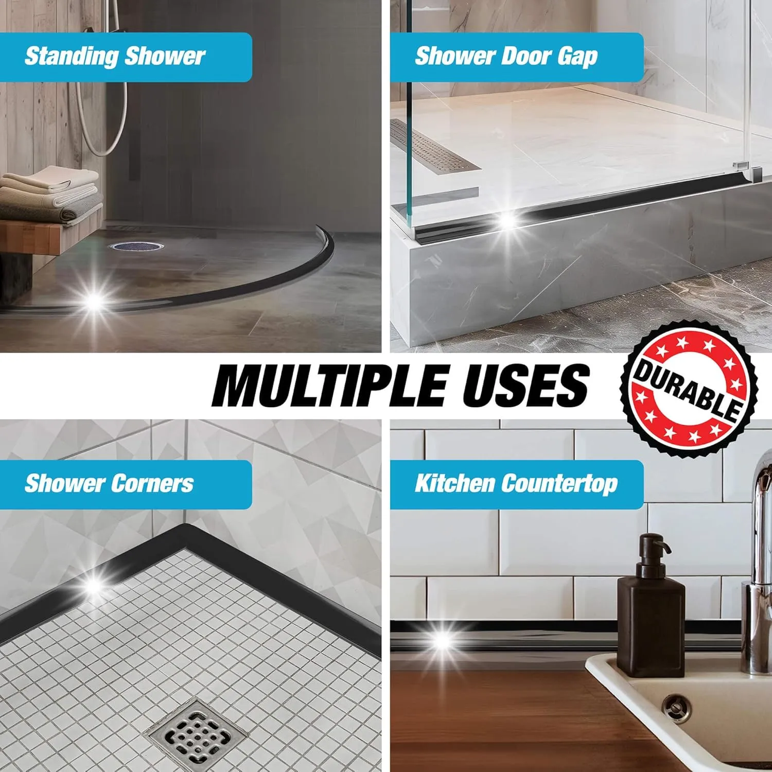 Shower Threshold Water Dam Barrier 67" - Black Collapsible Shower Water Blocker - Guard for Walk in Shower - Water Guard Stopper for Floor - Shower Door Water Blocker by Hippo Dam