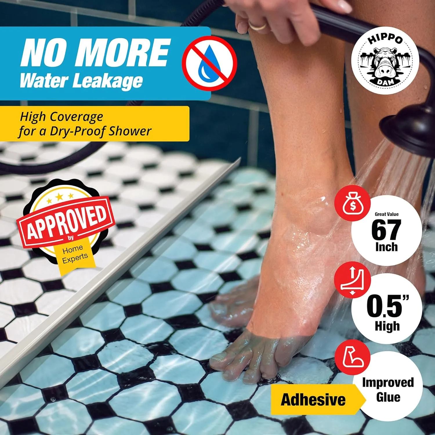 Shower Threshold Water Dam Barrier 67" - White Collapsible Shower Water Blocker - Guard for Walk in Shower - Water Guard Stopper for Floor - Shower Door Water Blocker by Hippo Dam