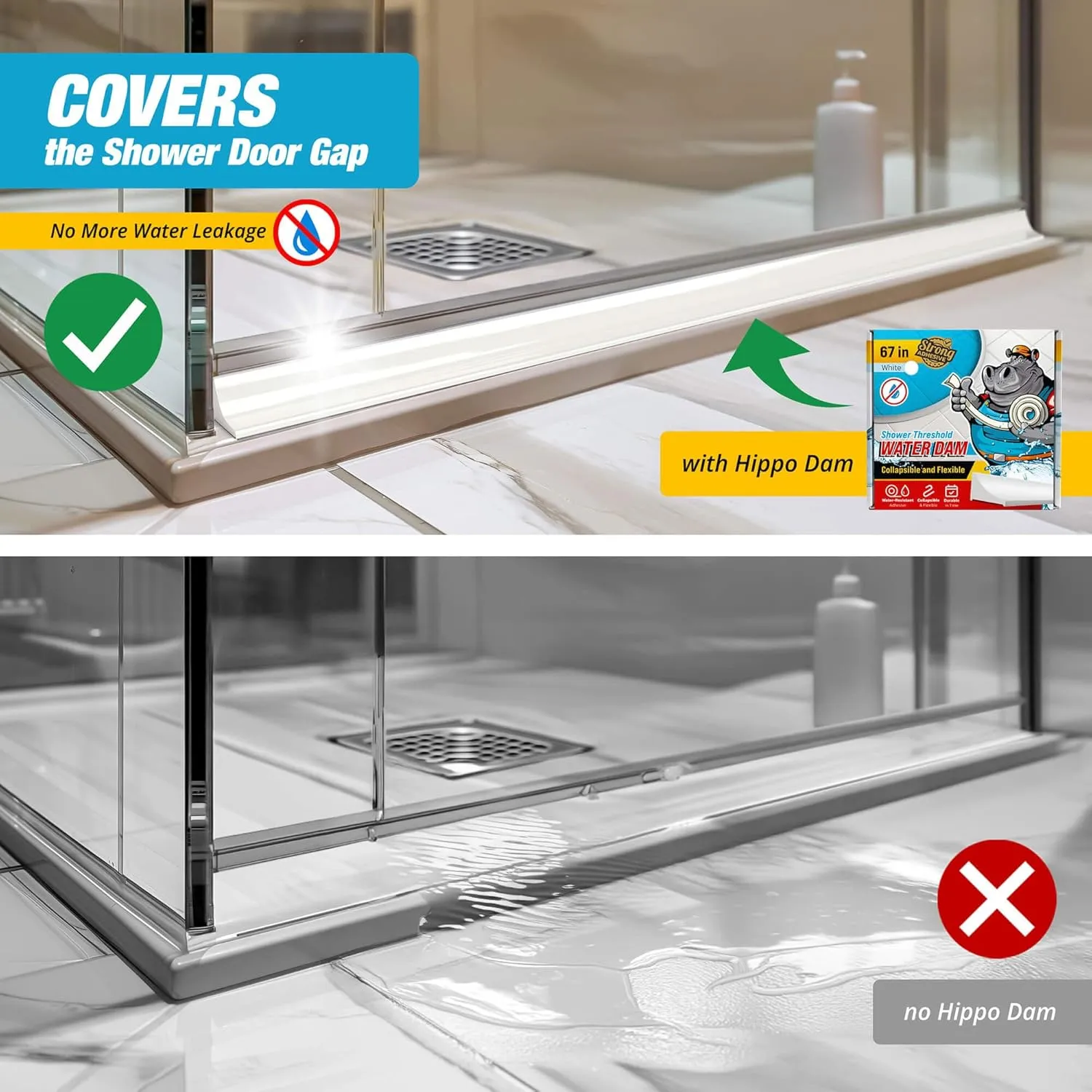 Shower Threshold Water Dam Barrier 67" - White Collapsible Shower Water Blocker - Guard for Walk in Shower - Water Guard Stopper for Floor - Shower Door Water Blocker by Hippo Dam