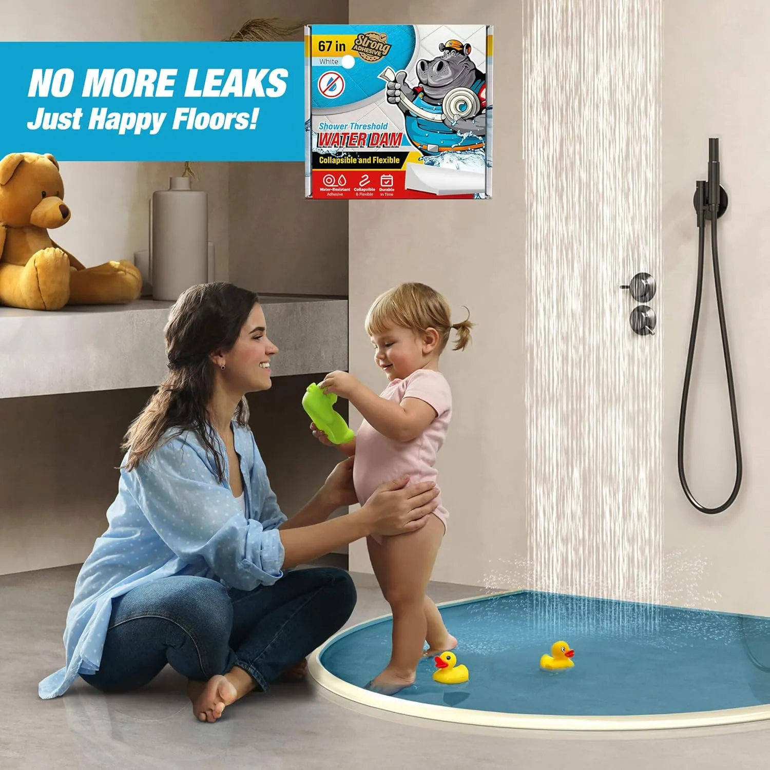 Shower Threshold Water Dam Barrier 67" - White Collapsible Shower Water Blocker - Guard for Walk in Shower - Water Guard Stopper for Floor - Shower Door Water Blocker by Hippo Dam