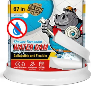 Shower Threshold Water Dam Barrier 67" - White Collapsible Shower Water Blocker - Guard for Walk in Shower - Water Guard Stopper for Floor - Shower Door Water Blocker by Hippo Dam
