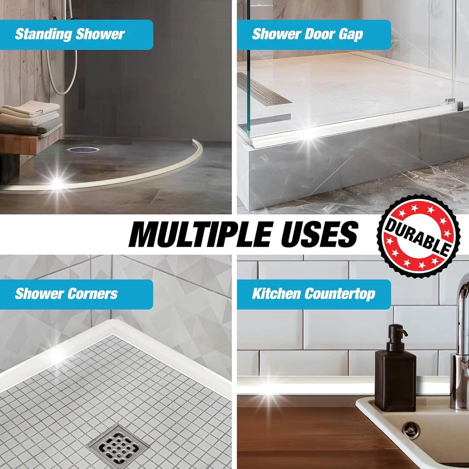 Shower Threshold Water Dam Barrier 67" - White Collapsible Shower Water Blocker - Guard for Walk in Shower - Water Guard Stopper for Floor - Shower Door Water Blocker by Hippo Dam