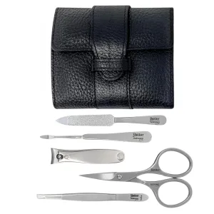 Shpitser Nail Kit, Manicure and Pedicure Women Set of 5 tools: Scissors, Clipper, Tweezers, Nail Cleaner, Nail File, Made in Solingen, Germany, Sturdy Stainless Steel, In Italian Leather Case (Black)