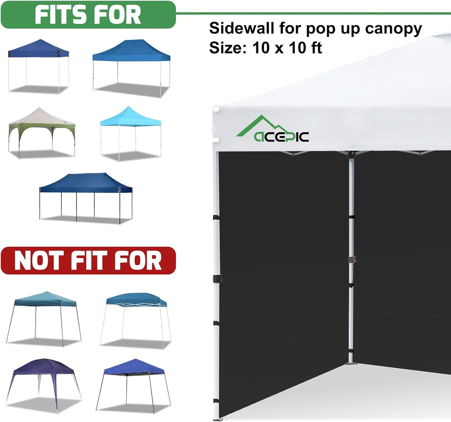 Sidewalls for 10x10 Pop Up Canopy, 210D Polyester Waterproof Canopy Sidewalls with UV Protection, Sunwall Only (Black, 10x10 3PCS)