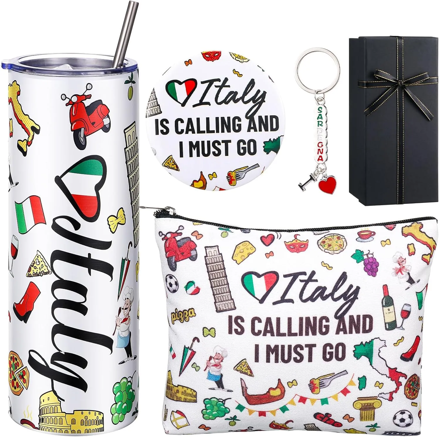 Sieral 5 Pcs Italy Travel Gift Set Funny Italy Themed Travel Trip Souvenir Gifts Includes Cosmetic Bag Thermal Cup Keychain for Traveler Women Birthday Christmas Party