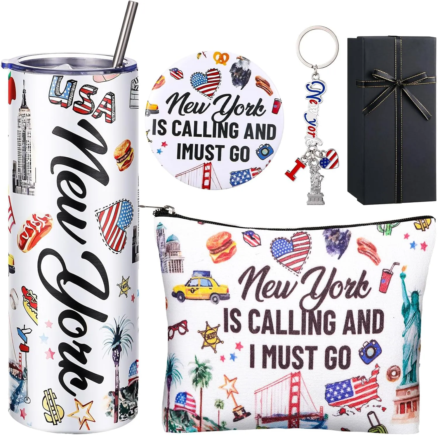 Sieral 5 Pcs New York Travel Gift New York Lover USA Themed Gifts Includes Makeup Bag Thermal Cup Keychain Mirror for Traveler Women Friend Sister Birthday Christmas Party