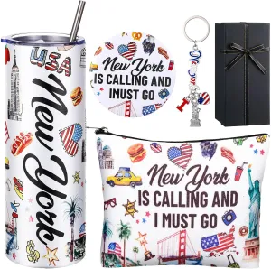 Sieral 5 Pcs New York Travel Gift New York Lover USA Themed Gifts Includes Makeup Bag Thermal Cup Keychain Mirror for Traveler Women Friend Sister Birthday Christmas Party