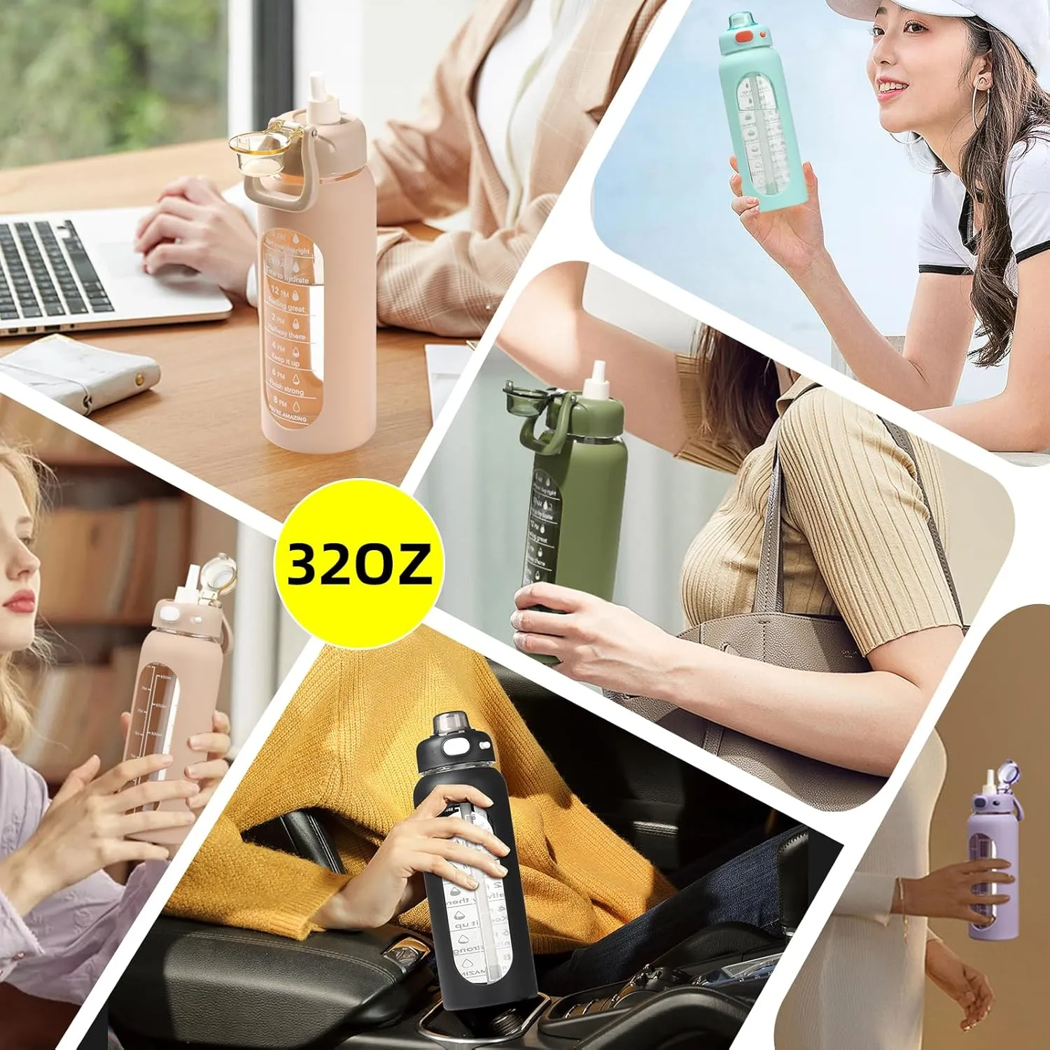 SIEROZUR 32 Glass Water Bottle with Straw and Handle Motivational Water Bottles with Silicone Sleeve and Time Marker Leakproof Borosilicate Water Bottle for Gym Home Office