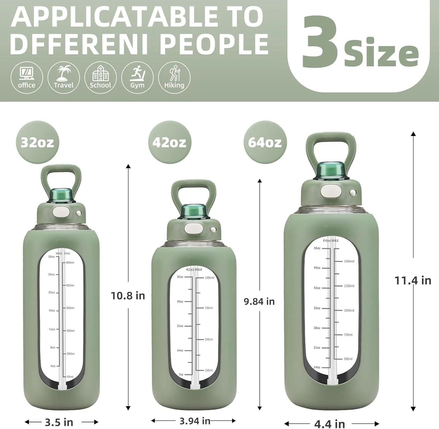 SIEROZUR 32 Glass Water Bottle with Straw and Handle Motivational Water Bottles with Silicone Sleeve and Time Marker Leakproof Borosilicate Water Bottle for Gym Home Office