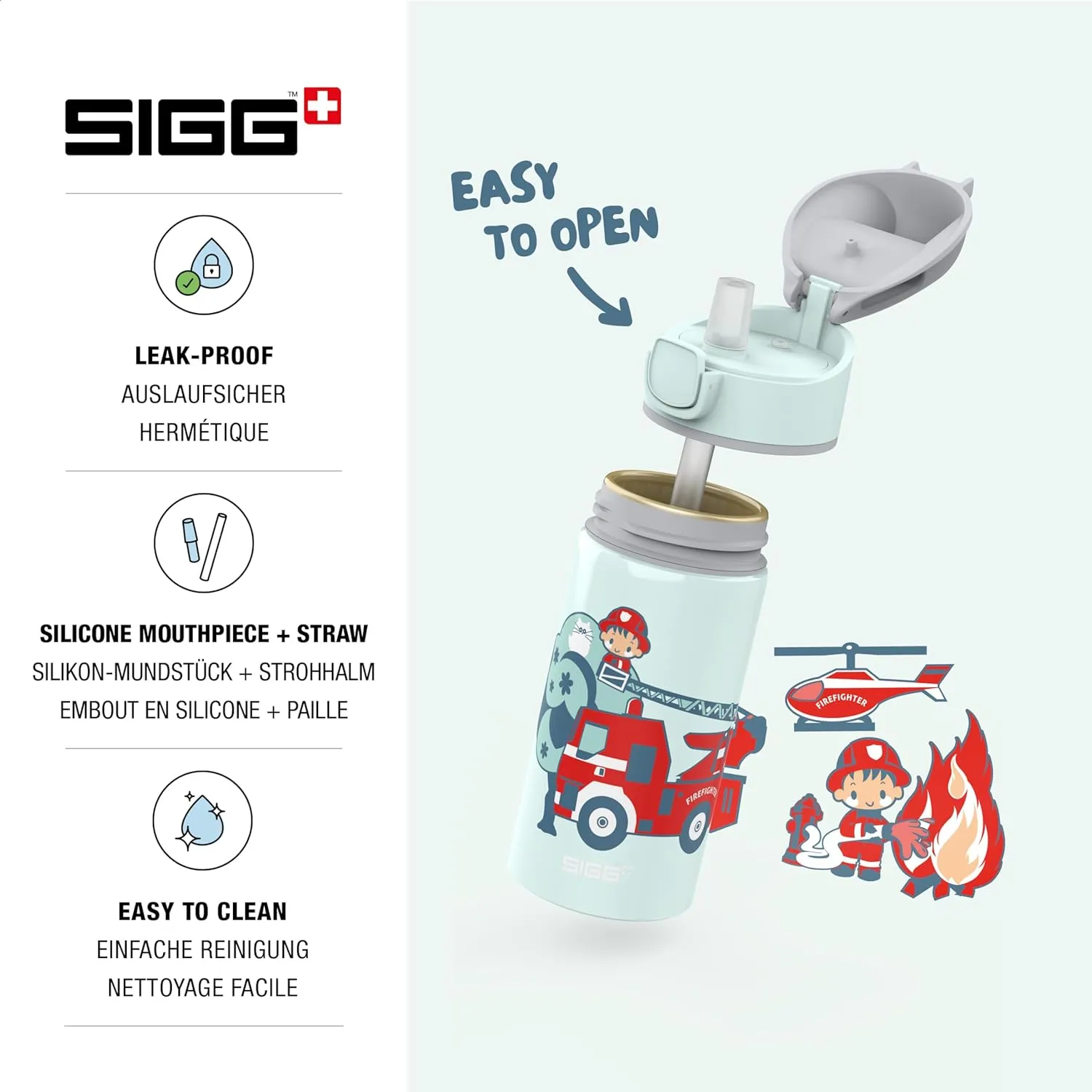 SIGG - Kids Miracle Water Bottle - Firesam - Lightweight Aluminium with Leak-Proof Lid - One Hand Children's Drink Bottle - 13 Oz
