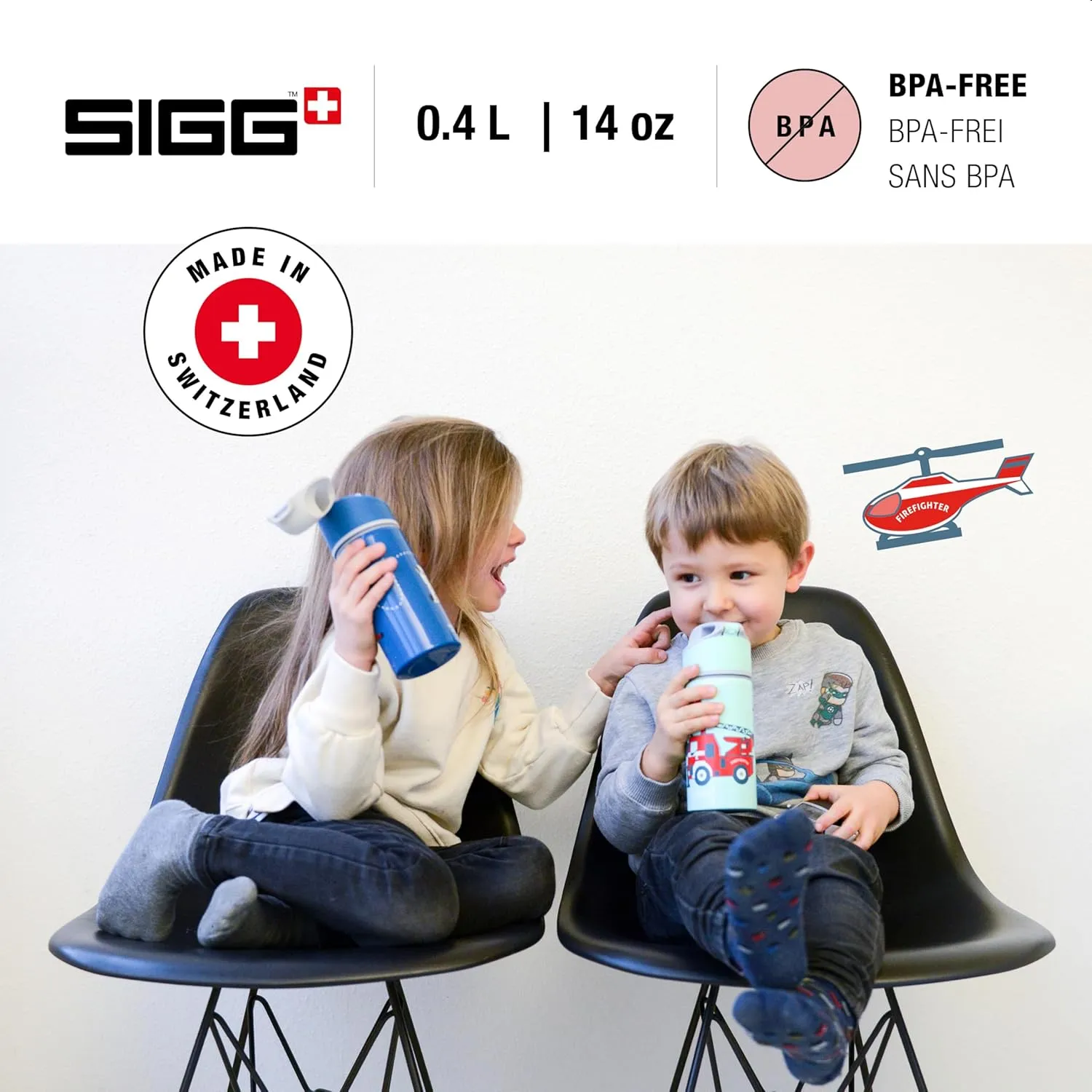 SIGG - Kids Miracle Water Bottle - Firesam - Lightweight Aluminium with Leak-Proof Lid - One Hand Children's Drink Bottle - 13 Oz