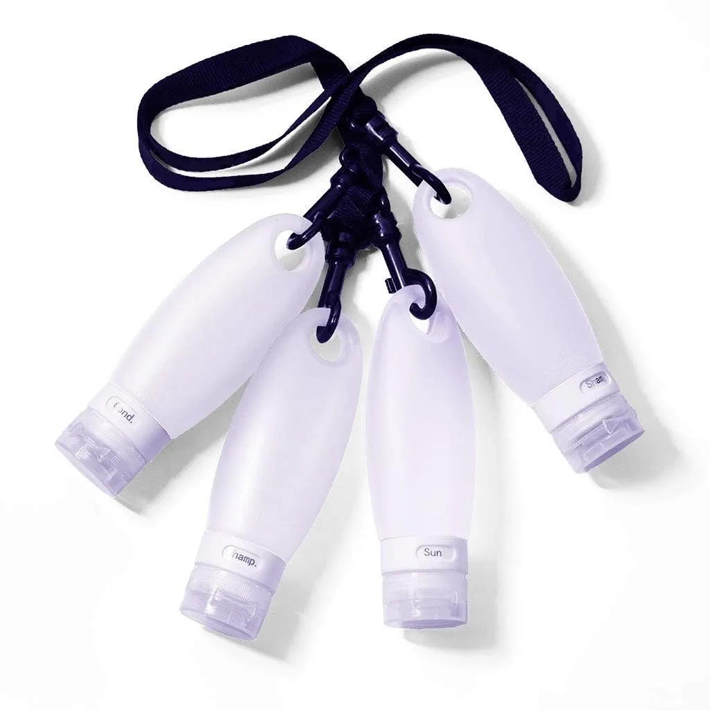 Silicone Travel Bottle Set TSA Approved Carry On Shampoo Conditioner Bottle Leak Proof Design BPA Free for Cosmetics 3.3 Oz (4 Pack   Lanyard (White Bottles))