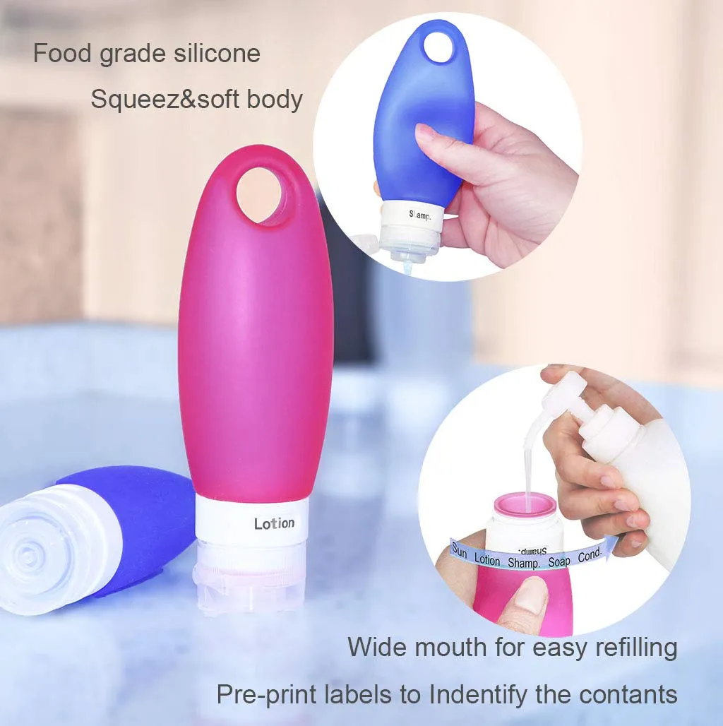 Silicone Travel Bottle Set TSA Approved Carry On Shampoo Conditioner Bottle Leak Proof Design BPA Free for Cosmetics 3.3 Oz (4 Pack   Lanyard (White Bottles))