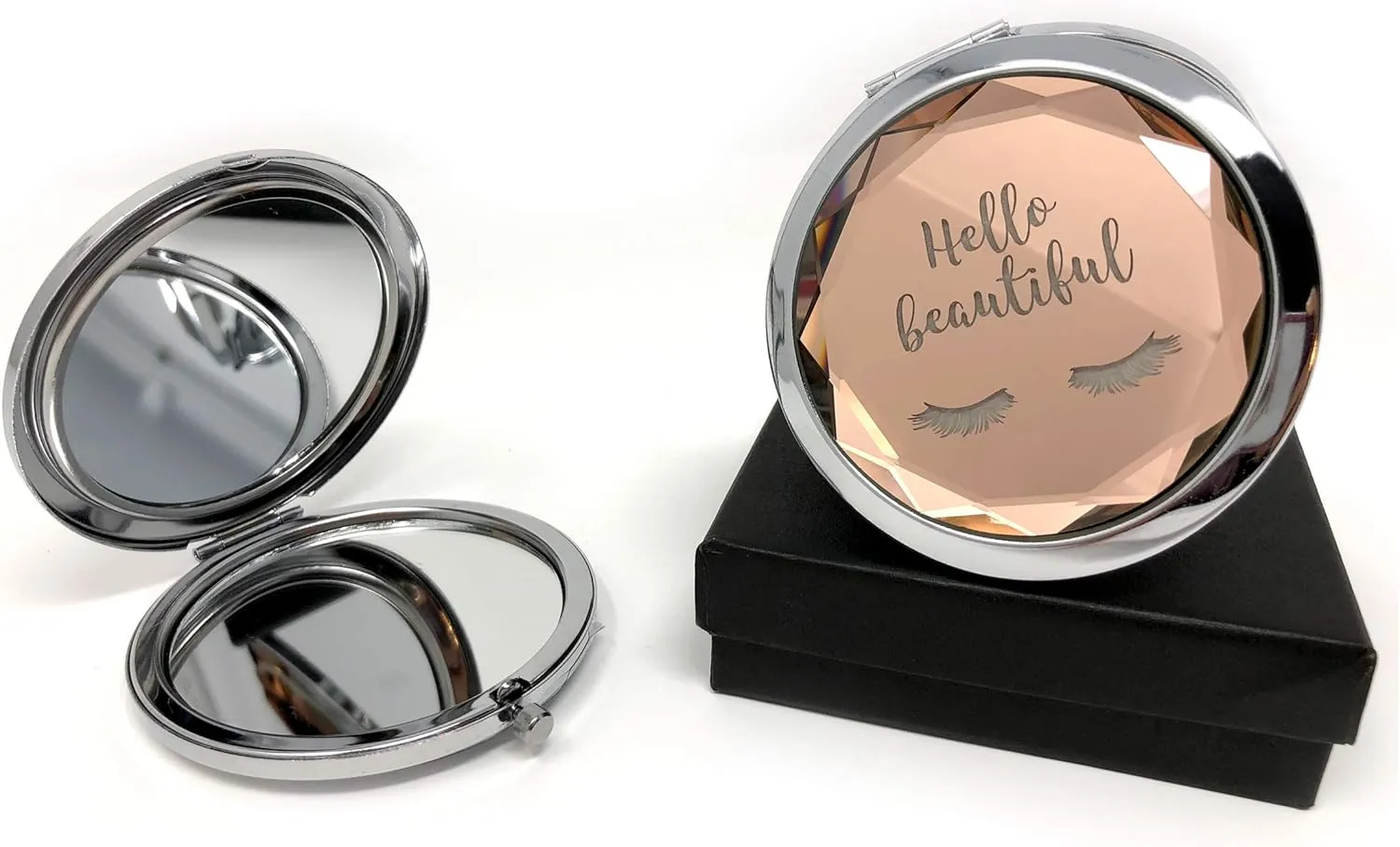 SILLY OBSESSIONS Hello Beautiful Engraved Vanity Magnifying Compact Mirror/Makeup Mirror. Gift for Girlfriend, Wife, Daughter, Sister, Braid, Bridesmaids on Wedding, Braidal Shower, Birthday(6)