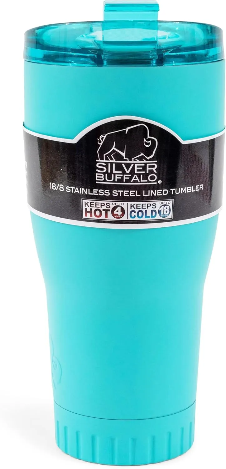 Silver Buffalo Double Walled Vacuum Insulated Stainless Steel Tumbler With Flip Top Lid Keeps Hot and Cold, Travel Coffee Mug Leakproof Lid, 30 Ounces, Matte Teal Blue