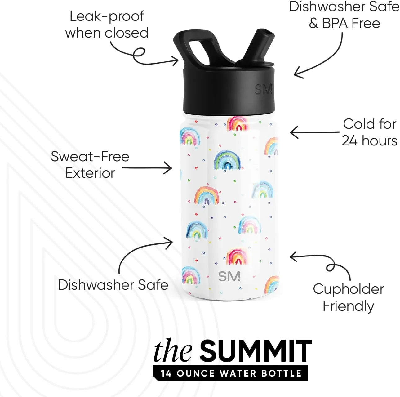 Simple Modern Kids Summit Water Bottle with Straw Lid | 14oz Stainless Steel Cup Insulated Tumbler for Toddlers, School | Rainbow Dream