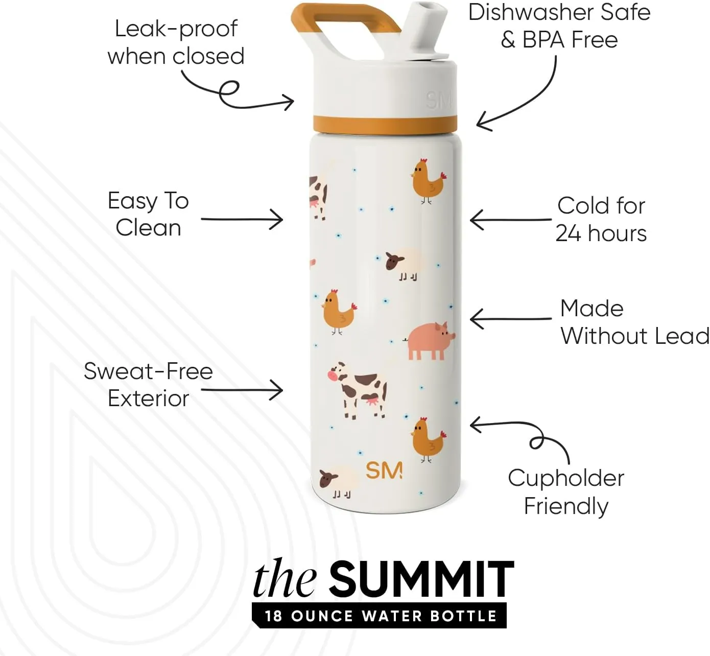 Simple Modern Kids Summit Water Bottle with Straw Lid | 18oz Stainless Steel Cup Insulated Tumbler for Toddlers, School | Farm Animals