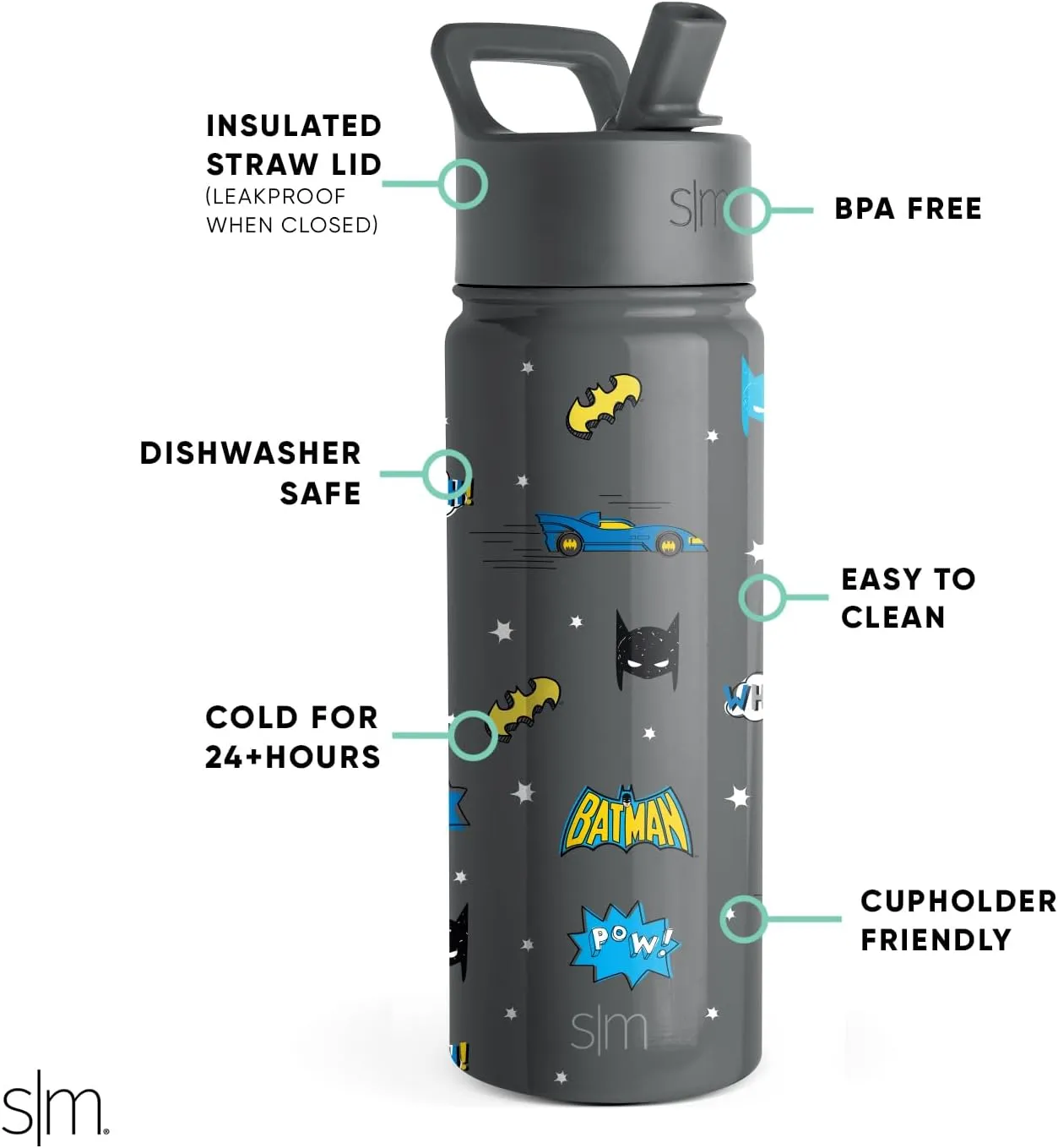 Simple Modern Kids Summit Water Bottle with Straw Lid | DC Comics Batman 18oz Stainless Steel Cup Insulated Tumbler for Boys, School | Batman POW!