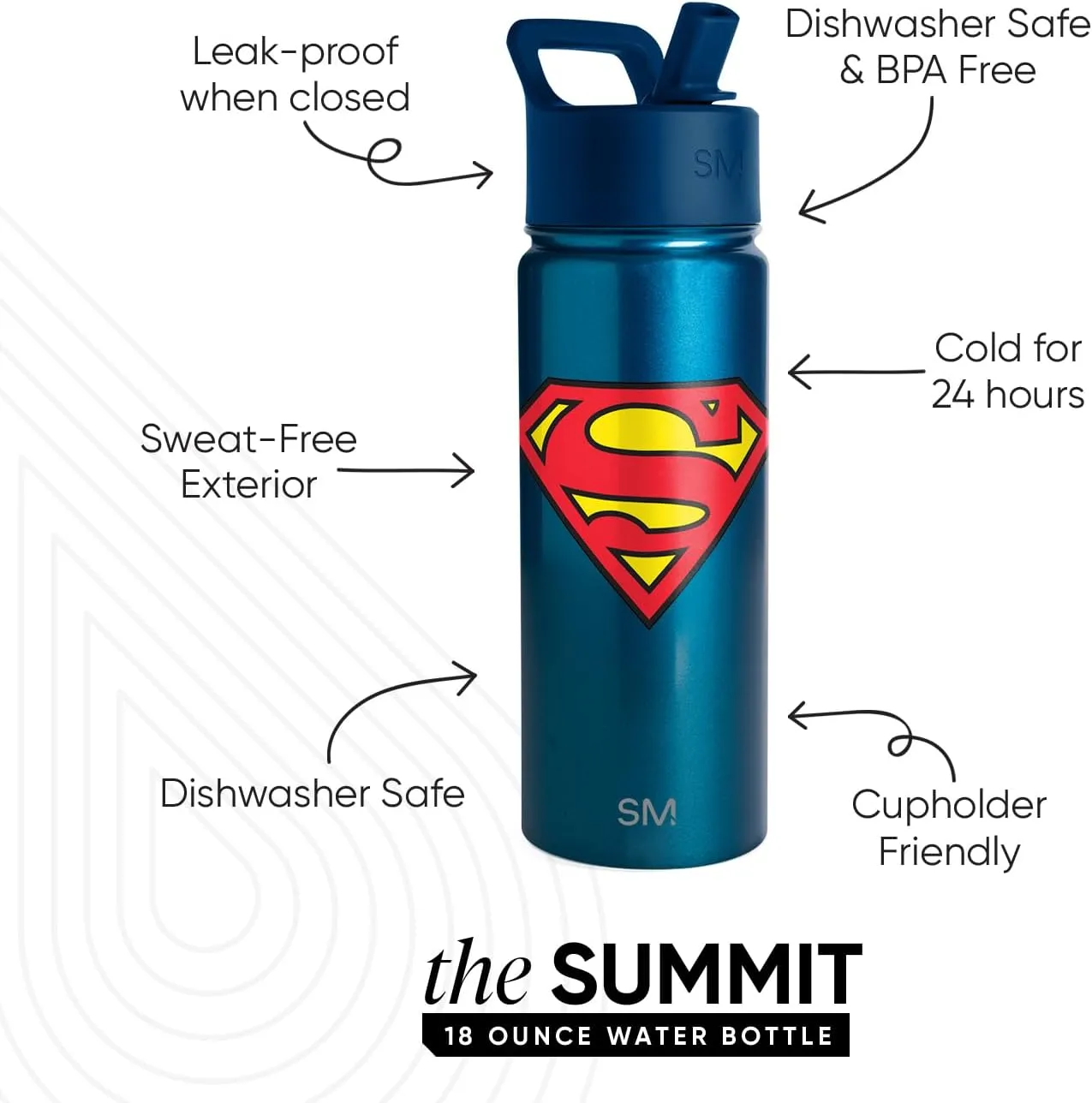 Simple Modern Kids Summit Water Bottle with Straw Lid | DC Comics Superman 18oz Stainless Steel Cup Insulated Tumbler for Toddlers, School | Superman