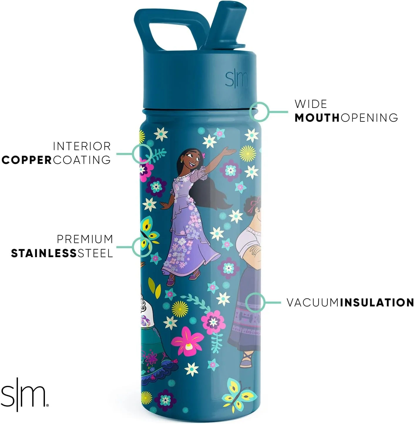 Simple Modern Kids Summit Water Bottle with Straw Lid | Disney Encanto 18oz Stainless Steel Cup Insulated Tumbler for Girls, School | Encanto