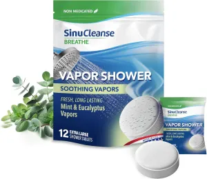 Sinucleanse Vapor Shower Steamers, All Natural Eucalyptus & Mint Aromatherapy, 12 Extra Large Vapor Shower Tablets, for Cold and Flu, Relaxation and Spa Gifts for Women and Men, Made in USA