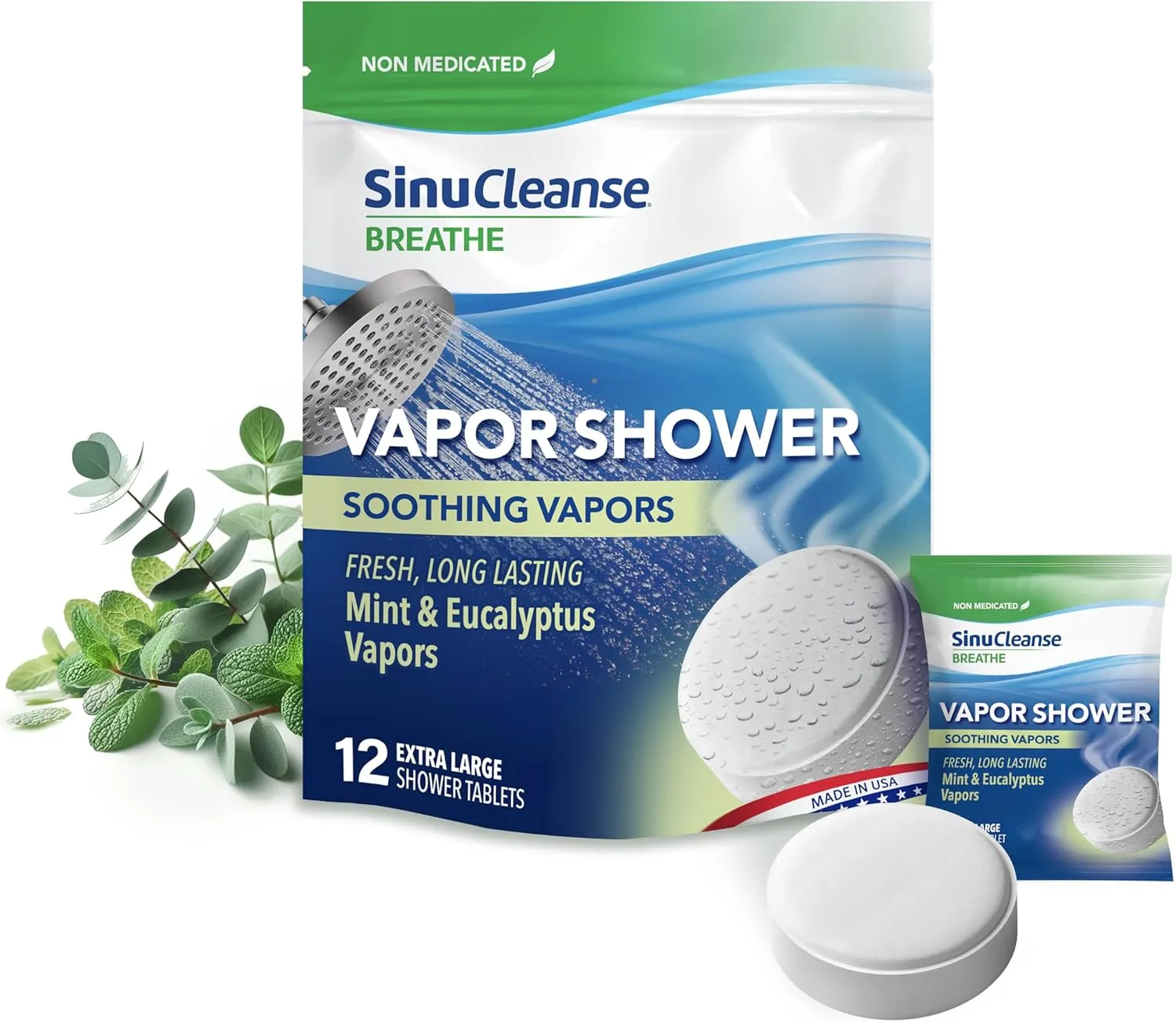 Sinucleanse Vapor Shower Steamers, All Natural Eucalyptus & Mint Aromatherapy, 12 Extra Large Vapor Shower Tablets, for Cold and Flu, Relaxation and Spa Gifts for Women and Men, Made in USA