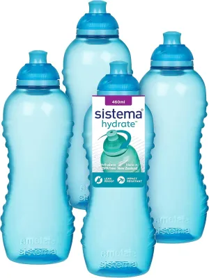 Sistema Twist 'n' Sip Squeeze Sports Water Bottles | Leakproof Water Bottles | 460 ml | BPA-Free | Recyclable with TerraCycle® | Blue | 4 Count