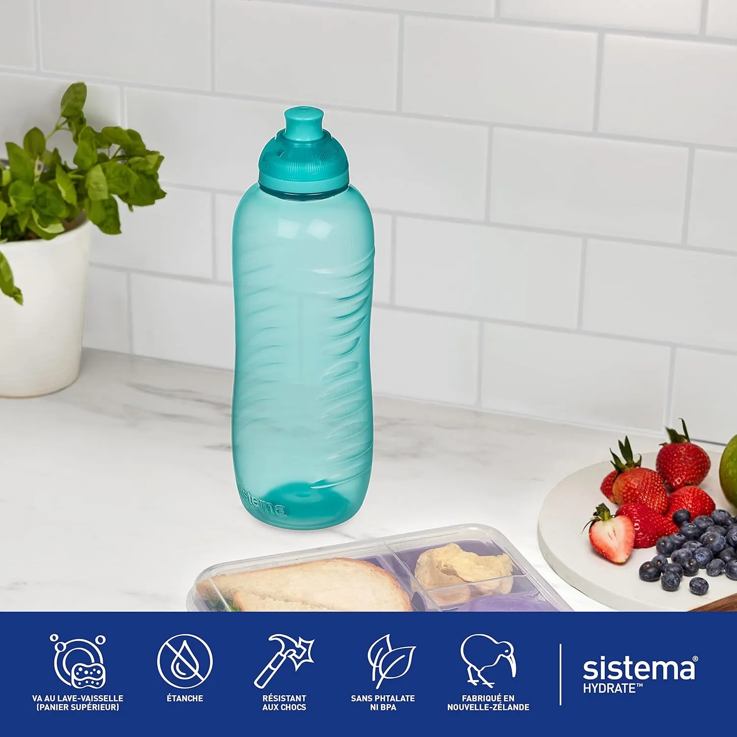 Sistema Twist 'n' Sip Squeeze Sports Water Bottles | Leakproof Water Bottles | 460 ml | BPA-Free | Recyclable with TerraCycle® | Blue | 4 Count
