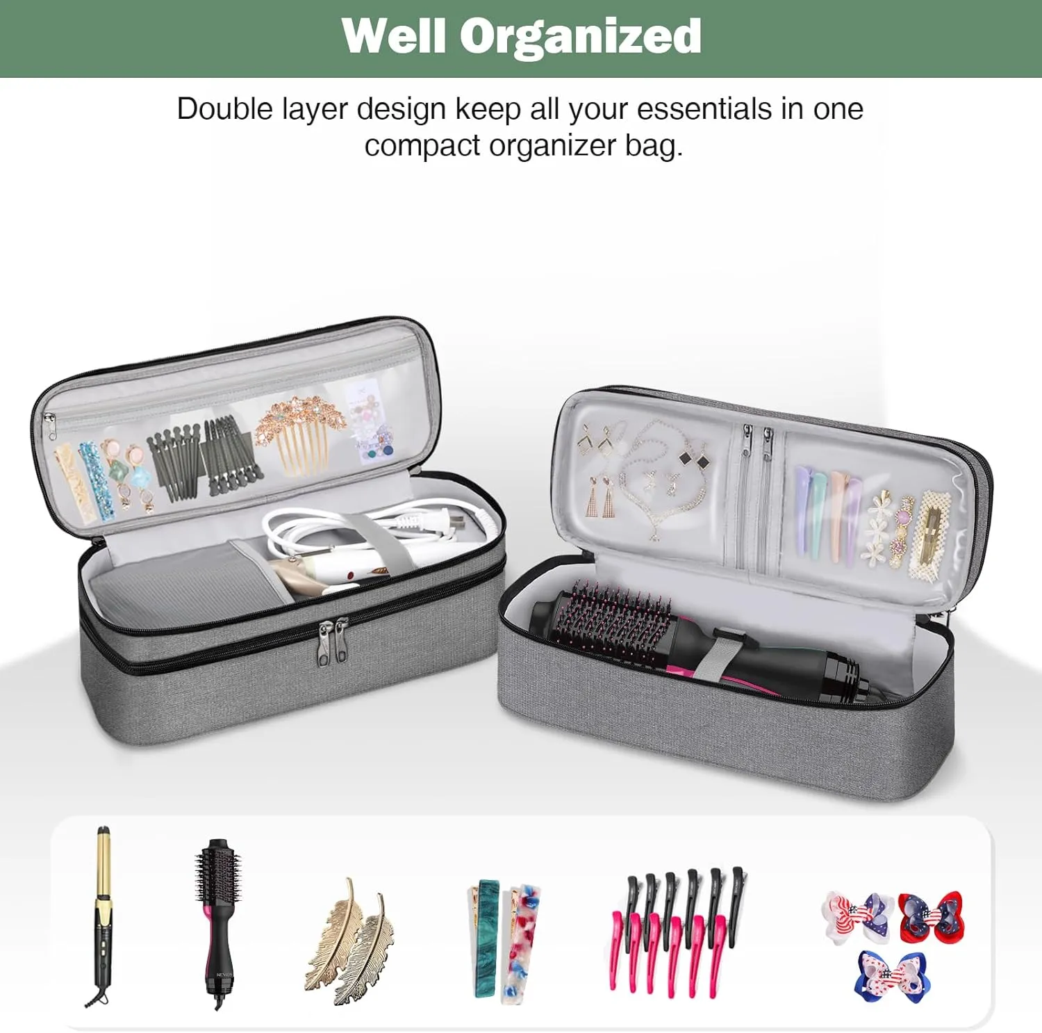 SITHON Double-Layer Travel Carrying Case for Shark FlexStyle/SmoothStyle, Water Resistant Storage Organizer Bag for Airwrap Styler, Also for Revlon One-Step Hair Dryer (Bag Only) (Gray)