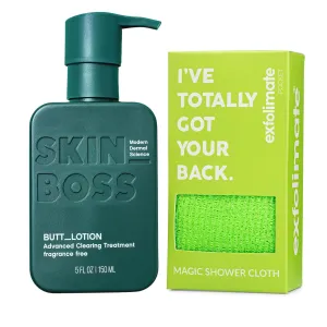 Skin Boss Clearing Lotion for Body, Back, Bum & ExfoliMATE Magic Exfoliating Shower Cloth Bundle – Pimple Treatment for Women & Men, Clear Skin Formula, Soothing Lotion – 5 Fl Oz - Pocket 2.0, Green
