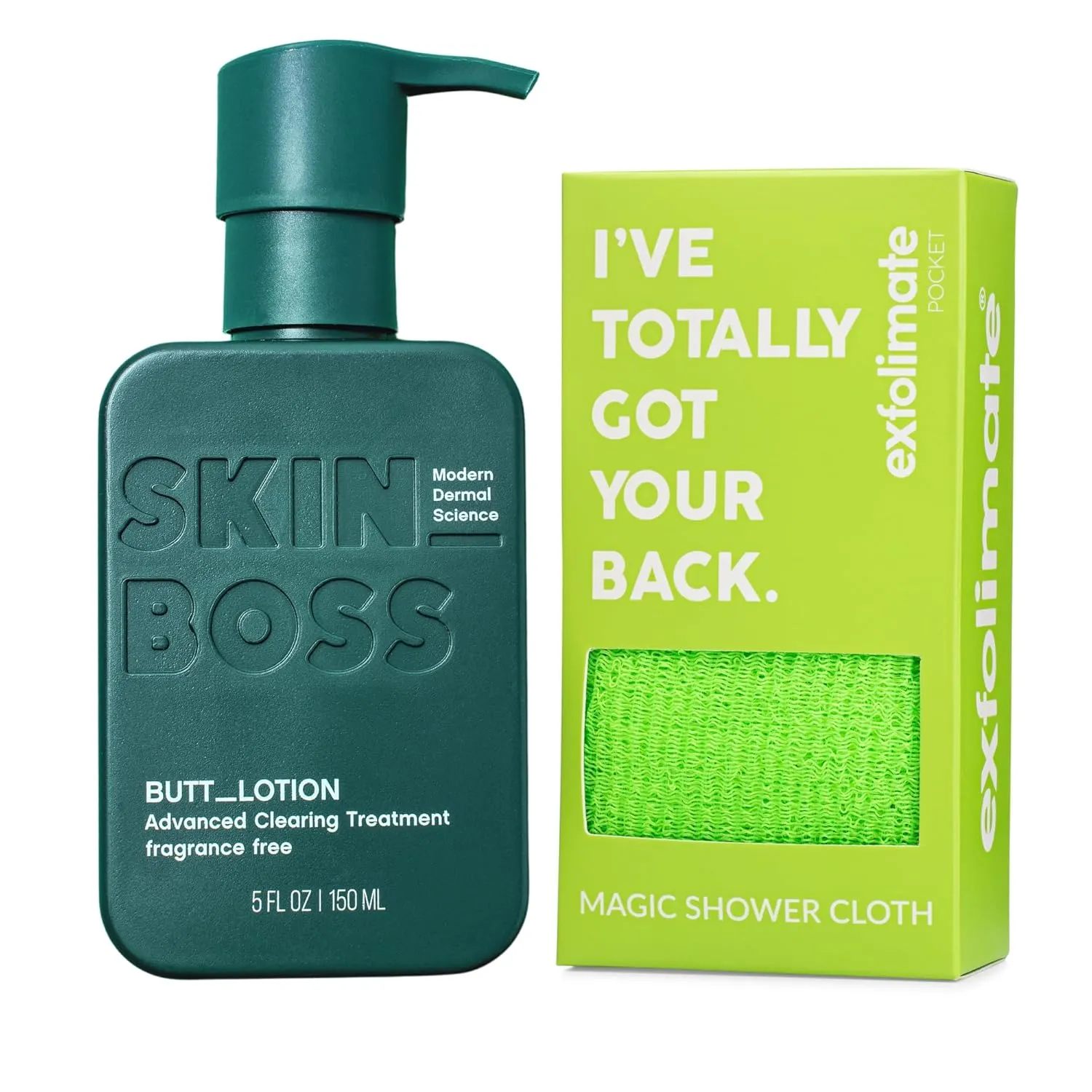 Skin Boss Clearing Lotion for Body, Back, Bum & ExfoliMATE Magic Exfoliating Shower Cloth Bundle – Pimple Treatment for Women & Men, Clear Skin Formula, Soothing Lotion – 5 Fl Oz - Pocket 2.0, Green