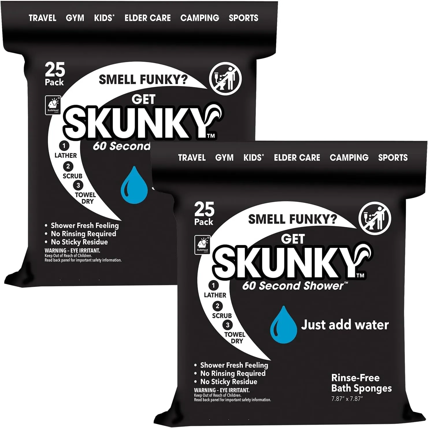 Skunky Disposable Rinse-Free Bathing Sponge Wipes, AS-SEEN-ON-TV, Cleans Without a Shower, Just Add Water, Lather, Scrub & Dry With No Sticky Residue, Gym, Elder Care, Kids & More, 2 Pack