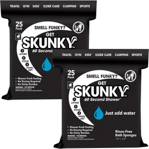 Skunky Disposable Rinse-Free Bathing Sponge Wipes, AS-SEEN-ON-TV, Cleans Without a Shower, Just Add Water, Lather, Scrub & Dry With No Sticky Residue, Gym, Elder Care, Kids & More, 2 Pack
