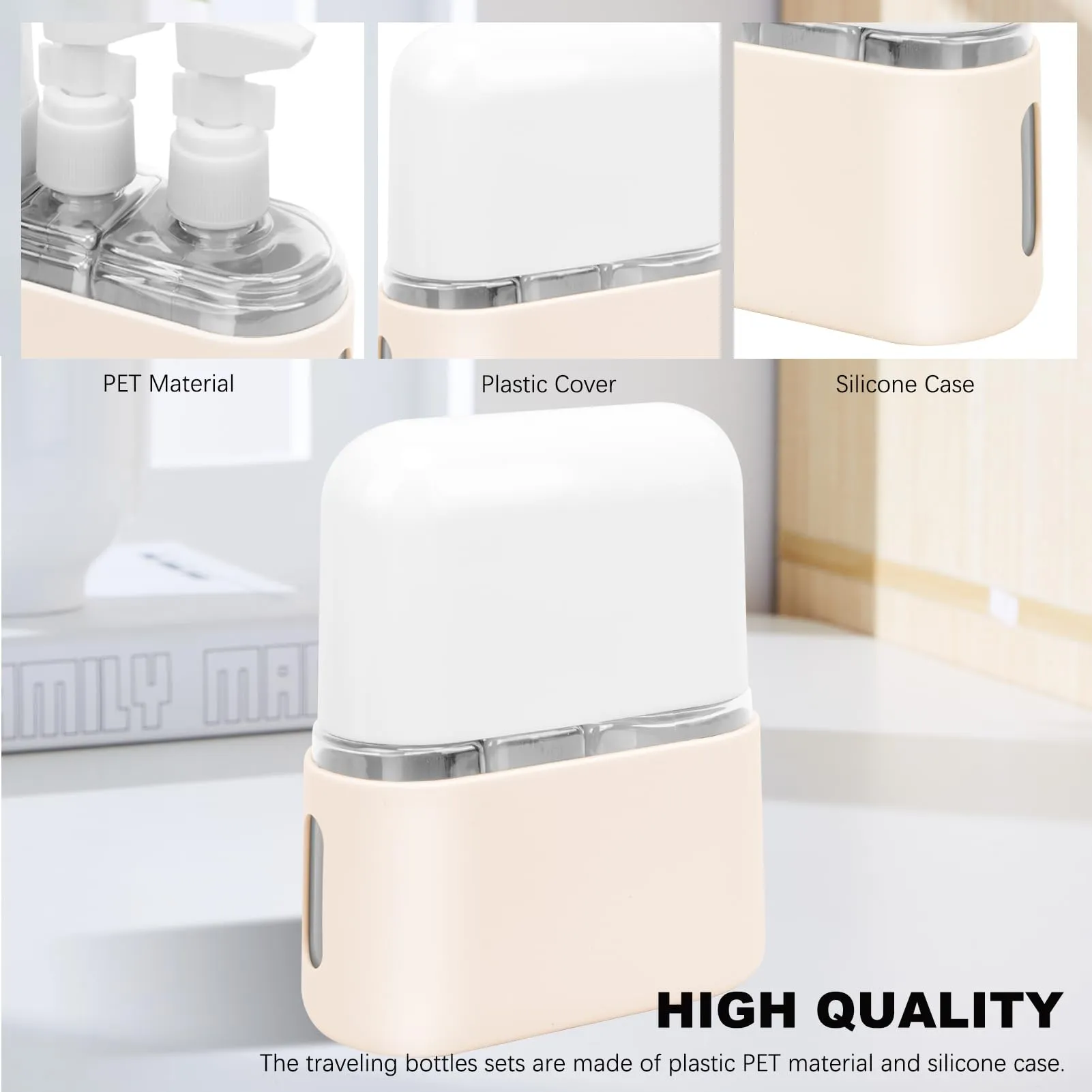 Skycase Travel Bottles - Leak Proof Refillable Tsa Approved Travel Size Toiletries, 3 in 1 Liquid Bottles Containers with Labels and Funnel Airplane Accessories Kits for Lotion Liquid (Beige)