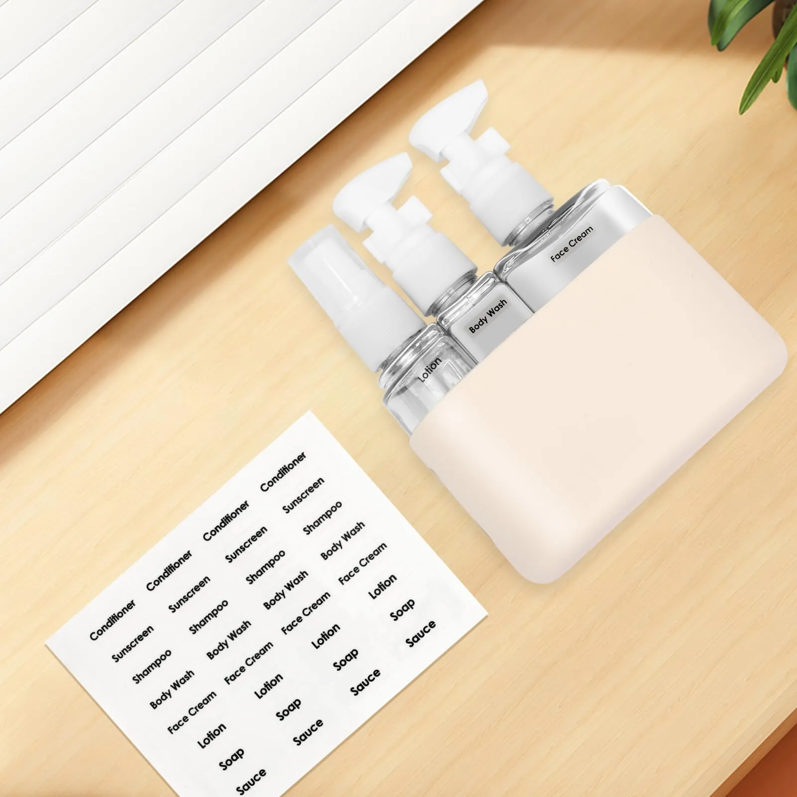 Skycase Travel Bottles - Leak Proof Refillable Tsa Approved Travel Size Toiletries, 3 in 1 Liquid Bottles Containers with Labels and Funnel Airplane Accessories Kits for Lotion Liquid (Beige)