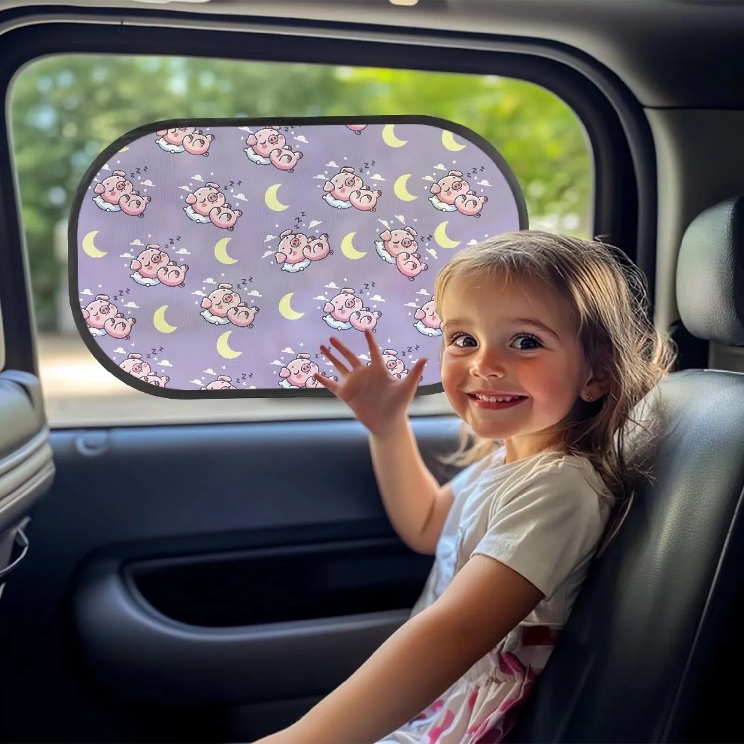 Sleep Pig Moon Car Sun Shade for Baby Kids 2 Pack Cling Side Window Car Rear Sunshades Universal with Storage Bag Sun Glare and UV Rays Protection