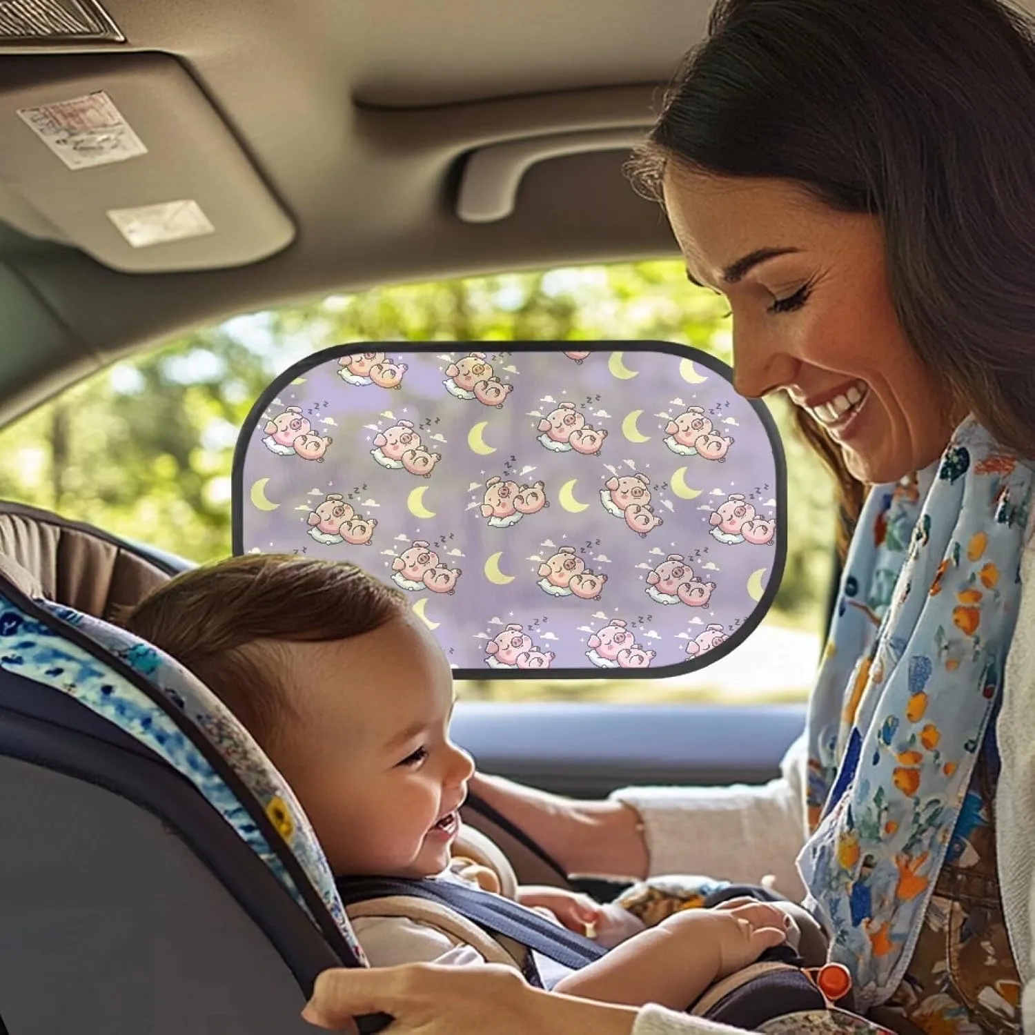 Sleep Pig Moon Car Sun Shade for Baby Kids 2 Pack Cling Side Window Car Rear Sunshades Universal with Storage Bag Sun Glare and UV Rays Protection