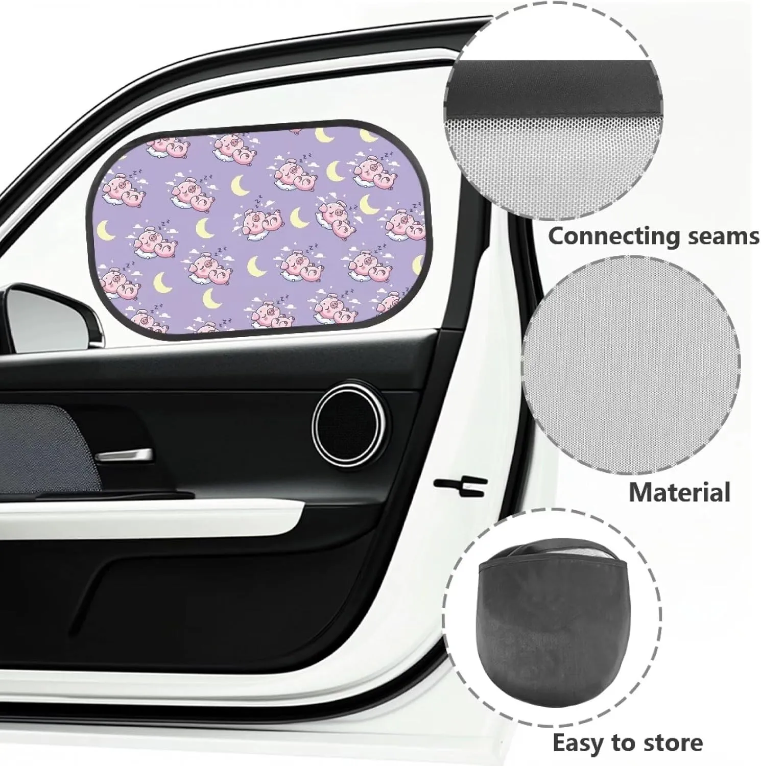 Sleep Pig Moon Car Sun Shade for Baby Kids 2 Pack Cling Side Window Car Rear Sunshades Universal with Storage Bag Sun Glare and UV Rays Protection